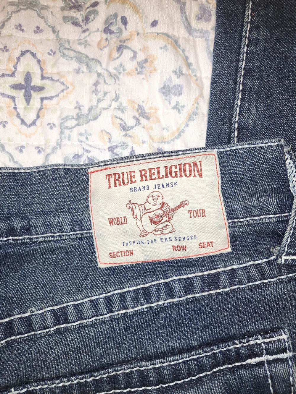True Religion Men's Straight Jeans in Dark Blue with White Stitching
